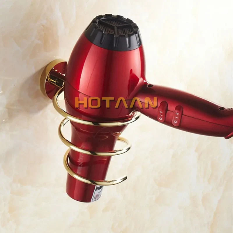 Afralia™ Brass Hair Dryer Holder Stand Shelf Rack in Gold Color Solid & Anti-rust (YT-8204)