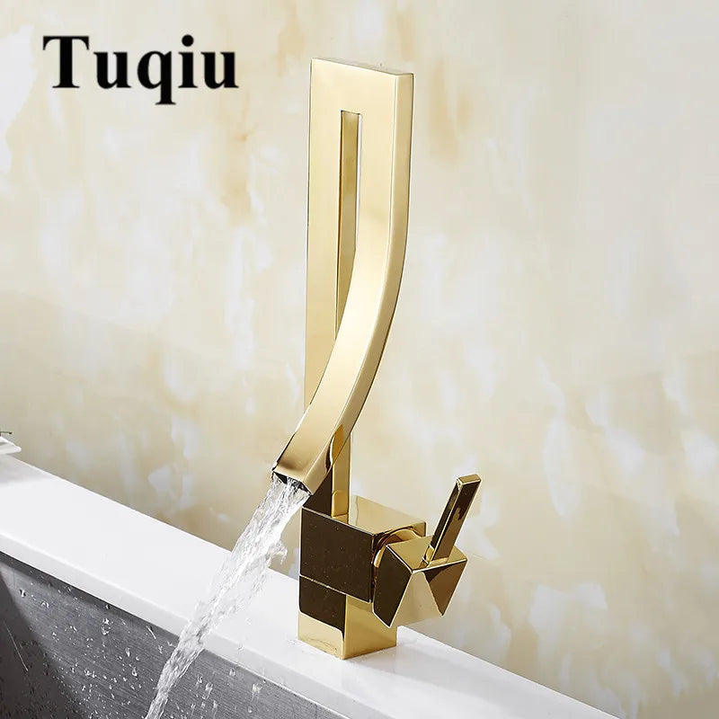 Afralia™ Gold Brass Square Basin Faucet Single Handle Deck Mounted Bathroom Sink Mixer