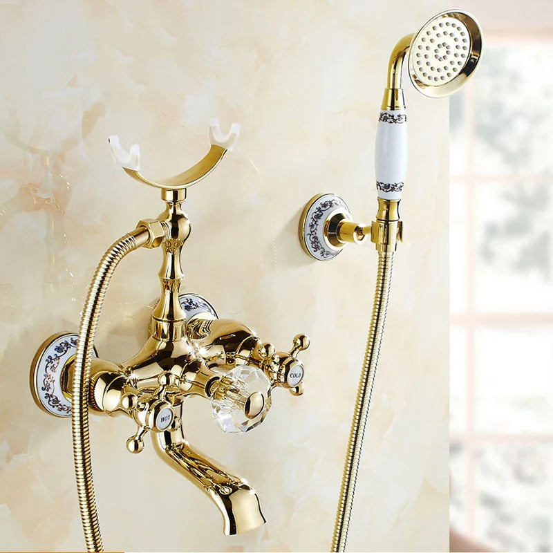 Afralia™ Gold Brass Wall Mounted Bathtub Faucet with Hand Held Shower Kit