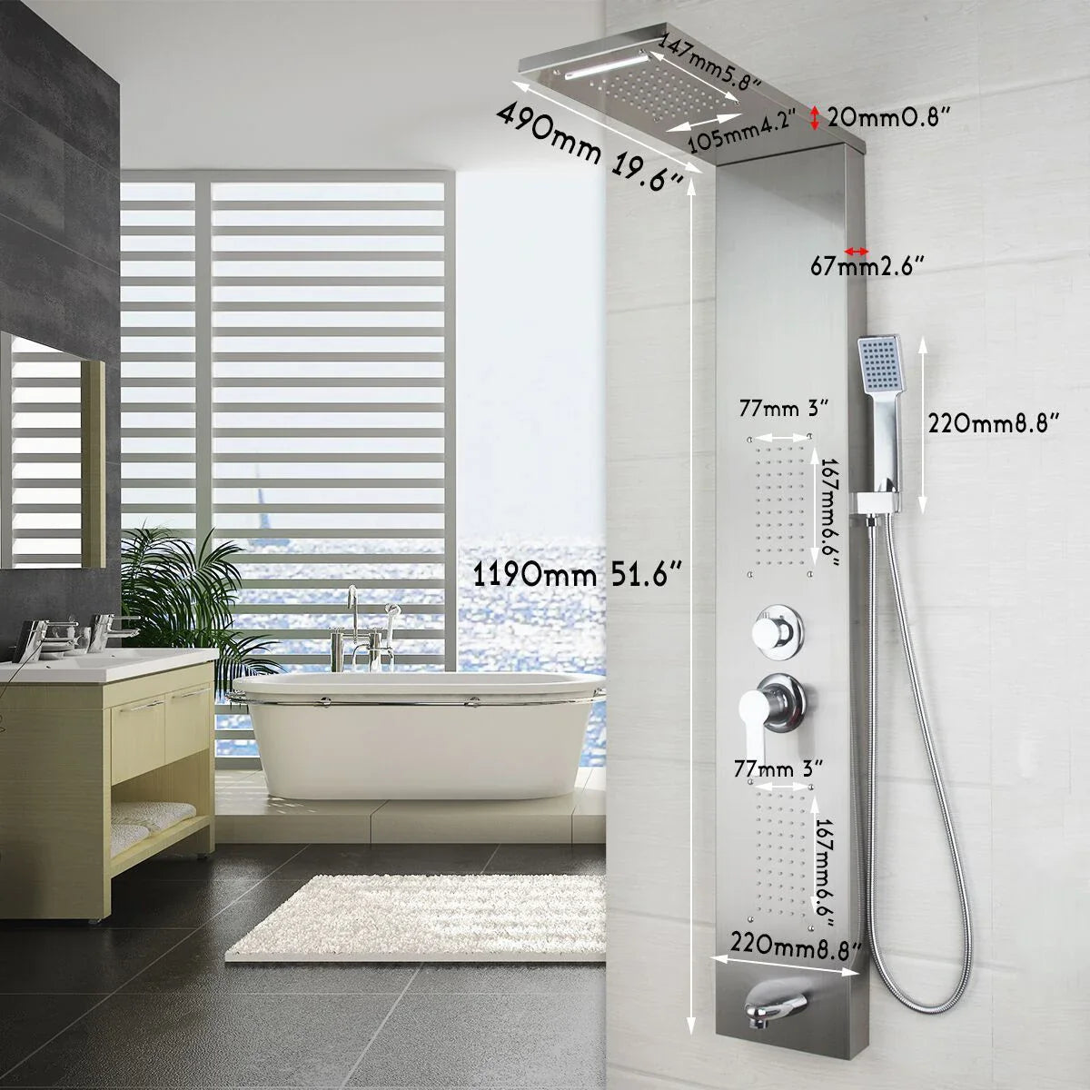 Afralia™ Brass Shower Column with Hand Shower & Tub Spout Massage System