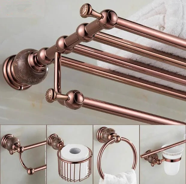 Afralia™ Brass & Jade Rose Gold Bathroom Set: Paper Holder, Towel Bar, Soap Basket