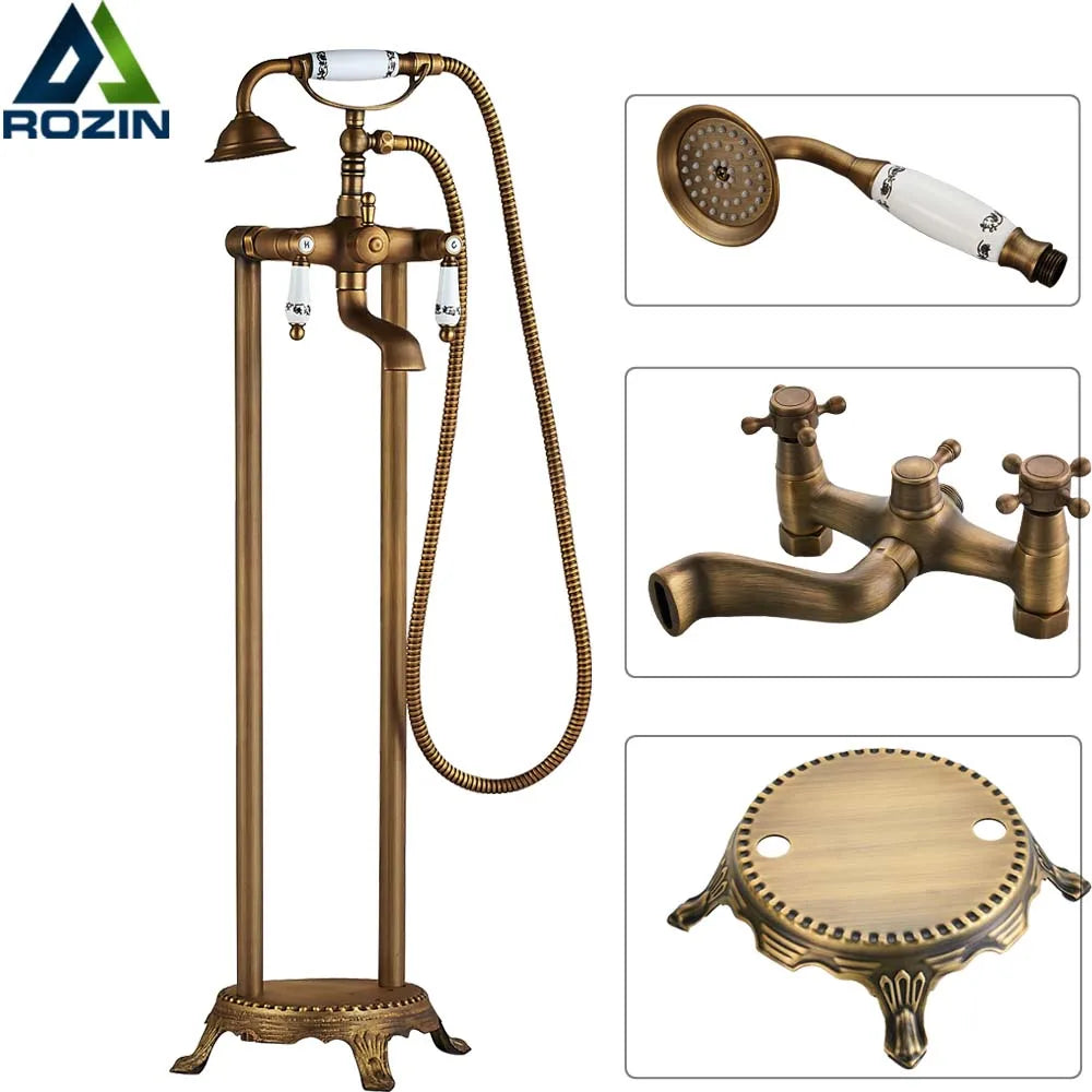 Afralia™ Antique Brass Freestanding Bathtub Filler with Hand Shower