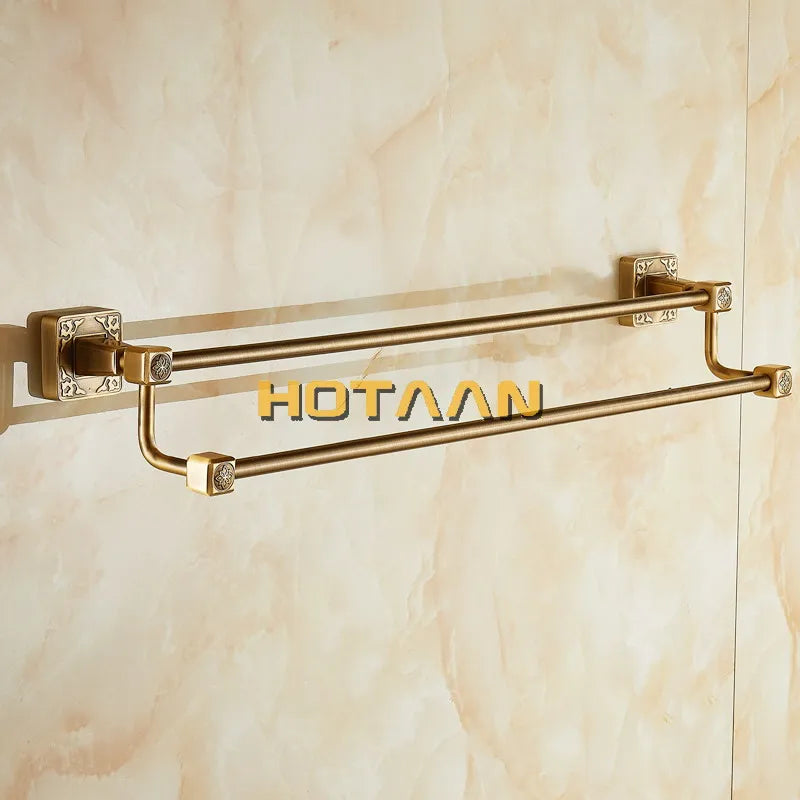 Afralia™ Antique Brass Finish Double Towel Bar, Solid Aluminium Bathroom Accessory
