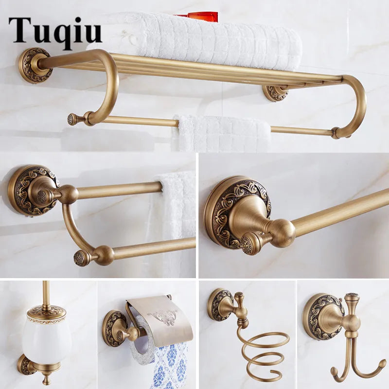 Afralia™ Brass Antique Bath Hardware Set: Towel Rack, Paper Holder, Towel Hanger, Toilet Brush Holder