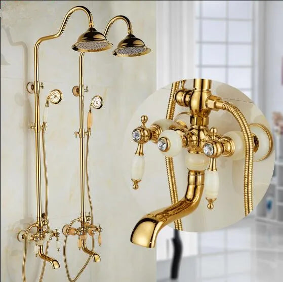 Afralia™ Golden Brass & Jade Bath Shower Set - Wall Mounted Rainfall & Hand shower