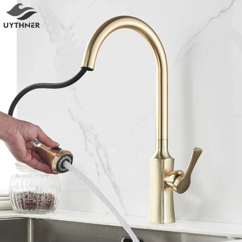 Afralia™ Brushed Gold Kitchen Faucet Hot Cold Water Mixer Pull Out Spout Brass