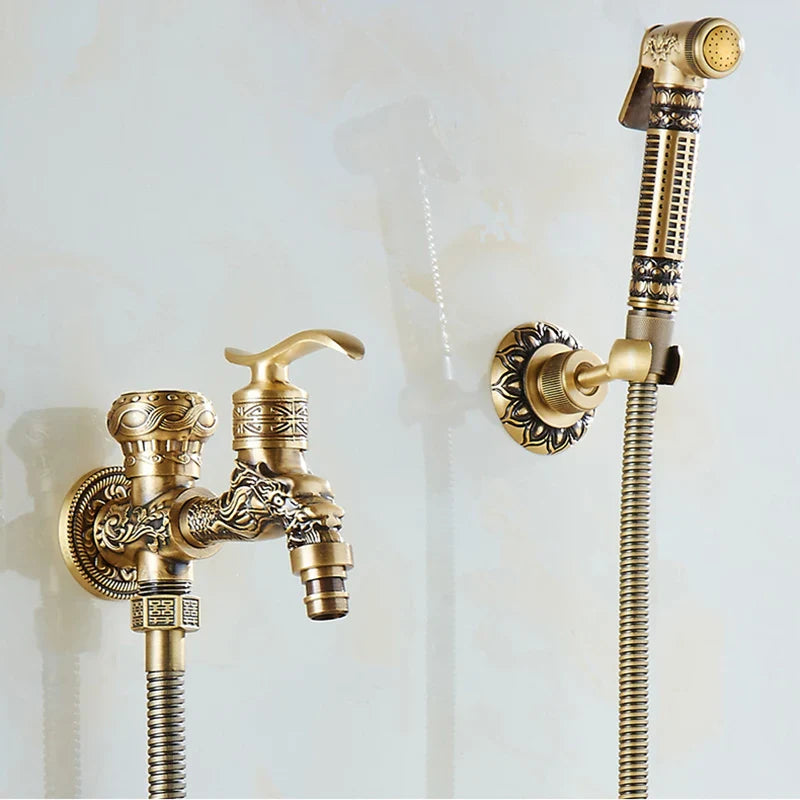 Afralia™ Antique Brass Wall Mounted Bidet Faucet Hygienic Shower Sprayer Tap