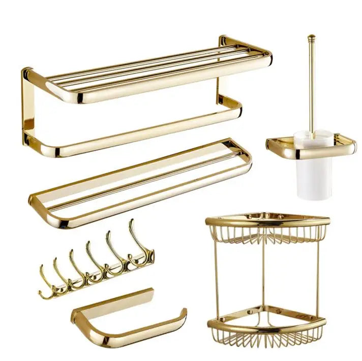 Afralia™ Gold Bathroom Accessories Set: Towel Shelf, Towel Bar, Paper Holder, Cloth Hook