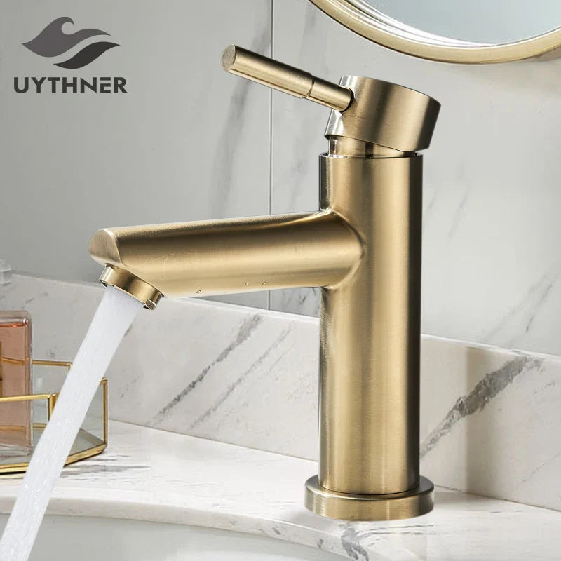 Afralia™ Brushed Gold Solid Brass Bathroom Faucet Single Handle Deck Mounted Tap