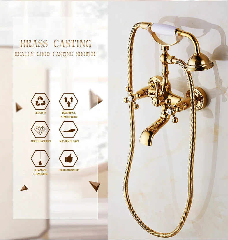 Afralia™ Gold Brass Bathroom Shower Faucet Set Single Handle Rainfall Wall Mounted