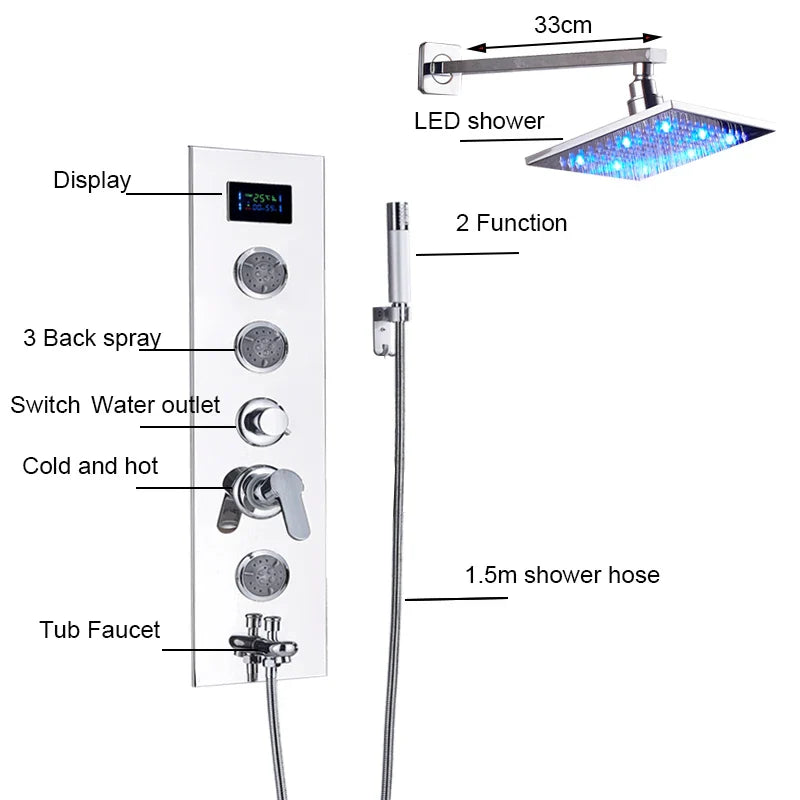 Afralia™ Chrome LED Shower Panel & Head Combo, Wall Mount 4-Function Bathroom Faucet