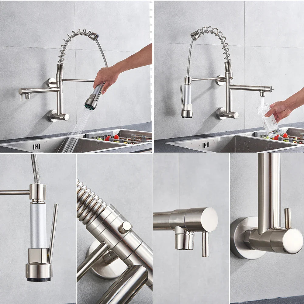 Afralia™ Dual Spouts Kitchen Faucet with Handheld Shower - Wall Mounted Dual Spouts