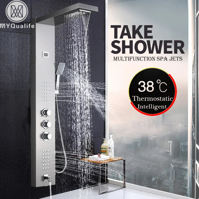 Afralia™ Brushed Nickel Thermostatic Waterfall Rain Shower Panel with 3 Handles