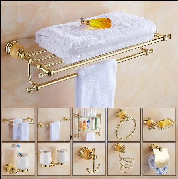 Afralia™ Brass & Jade Gold Bathroom Accessories Set: Paper Holder, Towel Bar, Soap Basket