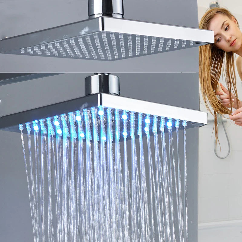 Afralia™ Bright Chrome LED Rainfall Shower Head: Color Changing Brass Rectangular Shower Faucet