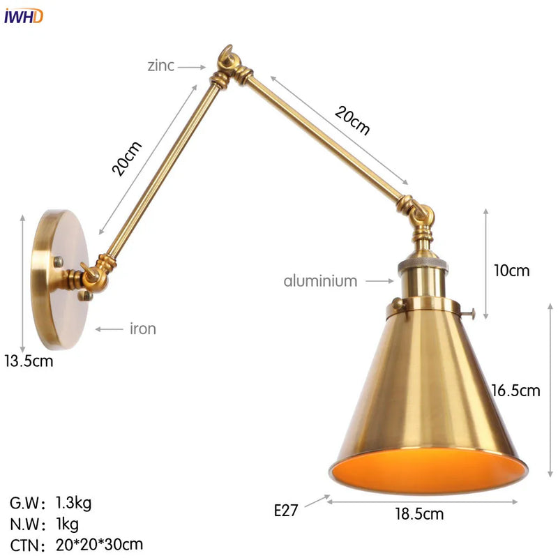 Afralia™ Gold LED Swing Arm Wall Lamp Industrial Decor Vintage Beside Stair Loft