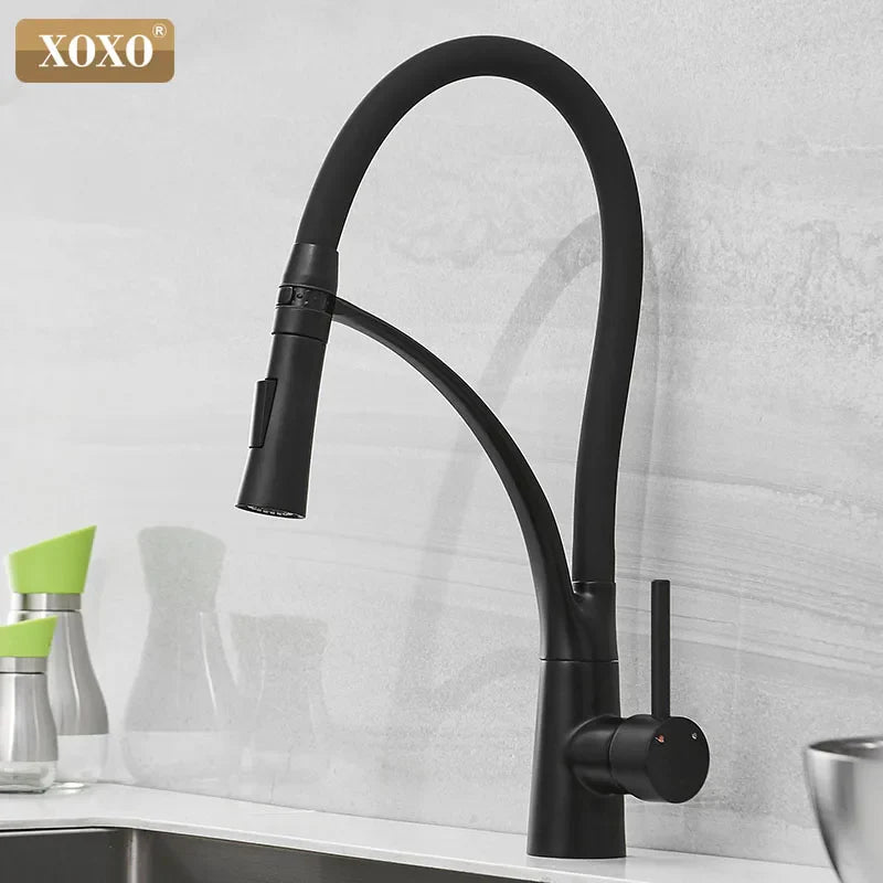Afralia™ XOXO LED Kitchen Faucet Hot Cold Pull Down Chrome Black Mixer Tap Smart Single Handle
