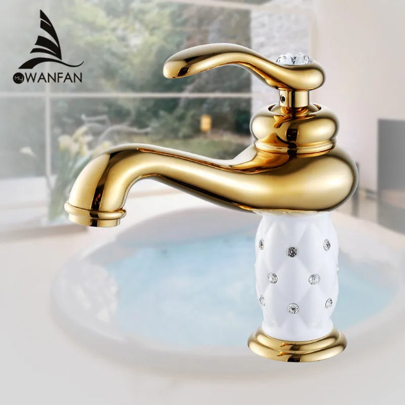 Afralia™ Gold Brass Diamond Basin Faucet Single Handle Hot & Cold Mixer Tap