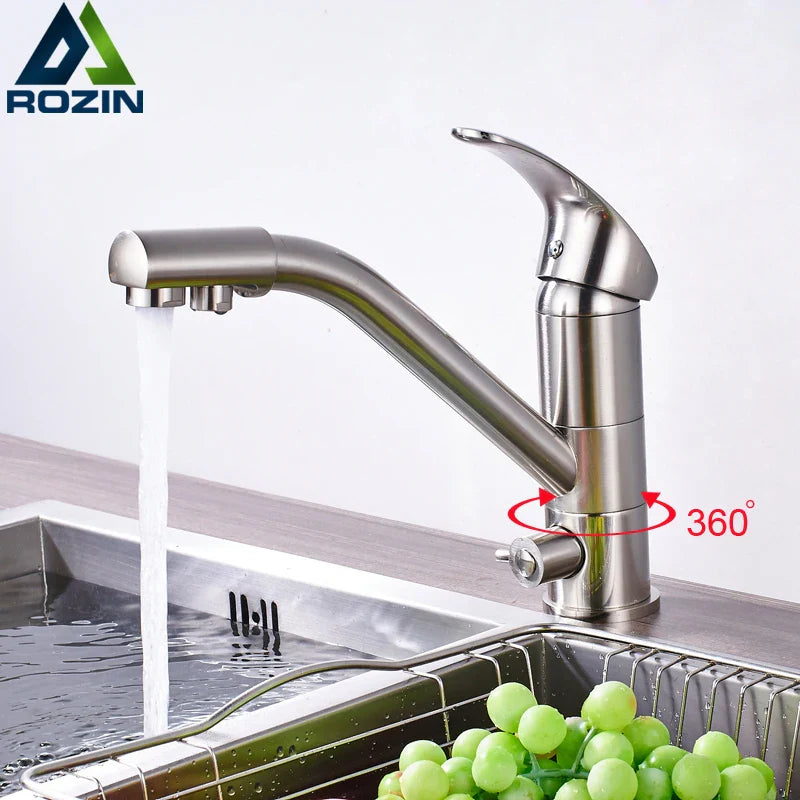 Afralia™ Brushed Nickel Kitchen Sink Faucet with Water Purification: 360° Rotation Deck Mounted Mixer Tap