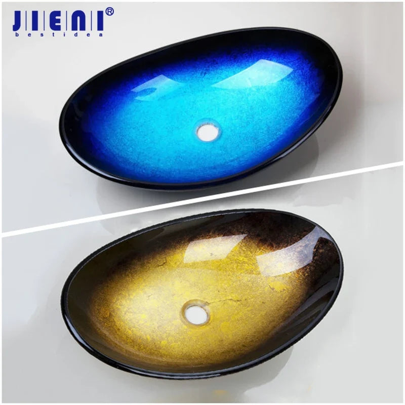 Afralia™ Oval Tempered Glass Vessel Sink in Blue & Yellow Color Combination