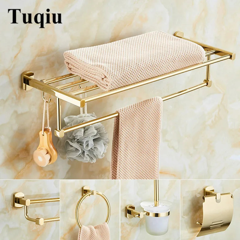 Afralia™ Gold Brass Bath Hardware Set: Towel Rack, Paper Holder, Toilet Brush Holder, Towel Ranger, Hooks