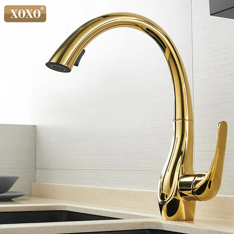 Afralia™ Golden Pull Out Kitchen Faucet Single Handle 360° Water Mixer Tap