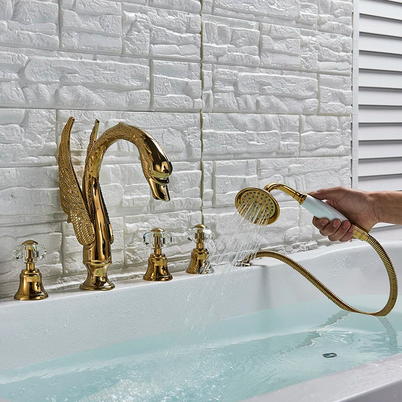 Afralia™ Swan Golden Bathtub Faucet Set with Pull Out Handshower