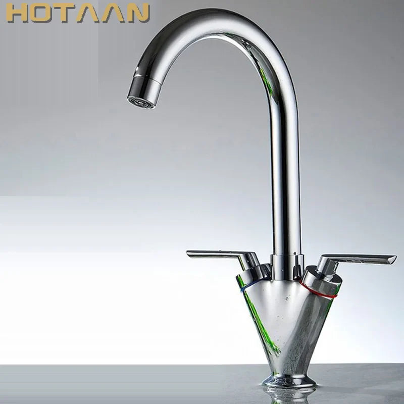 Afralia™ Double Handle Kitchen Sink Mixer Tap, Round Swivel Faucet
