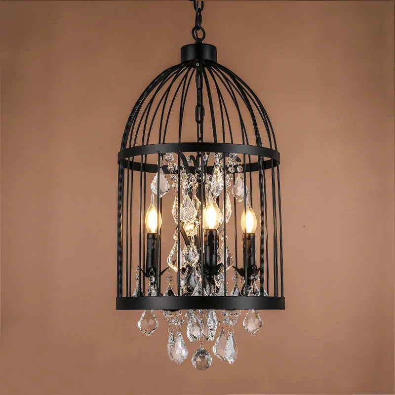 Afralia™ Retro Vintage Crystal Chandelier Wrought Iron Cage Lighting E14 220V Lamp