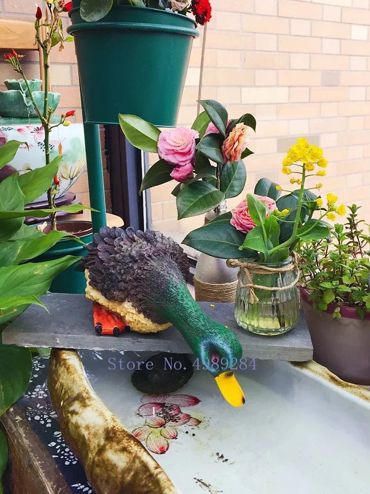 Afralia™ Resin Drinking Duck Sculpture for Garden Courtyard Pond Aquarium Decor
