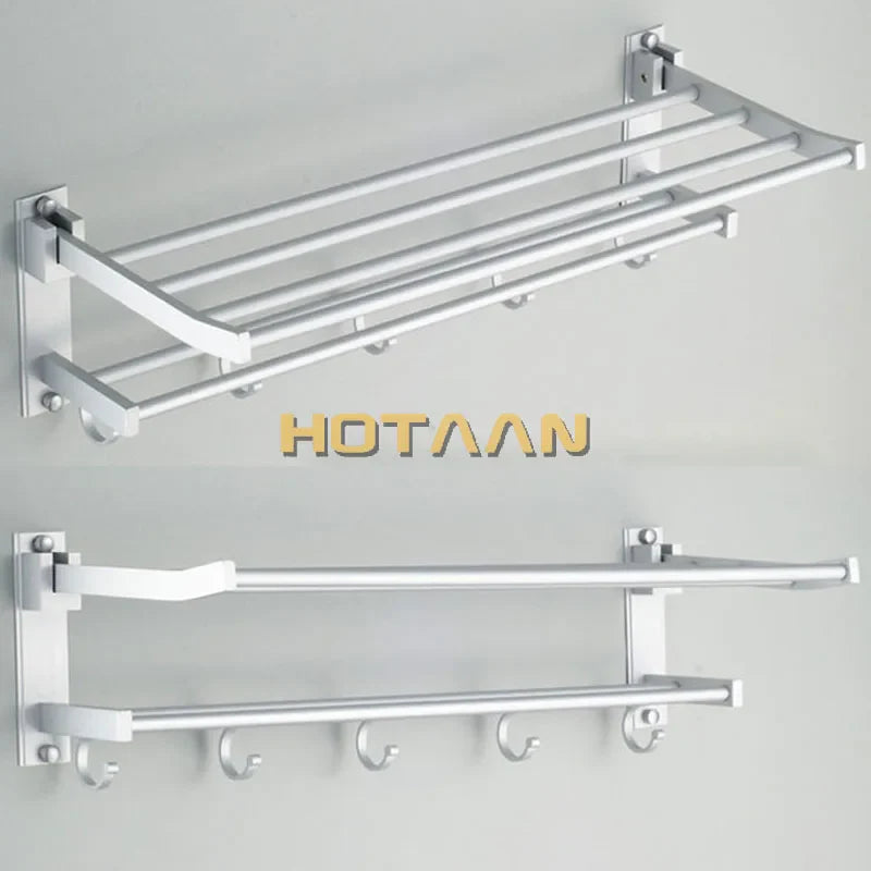 Afralia™ Foldable Aluminium Towel Holder with Hooks, Rust-Resistant Towel Rack