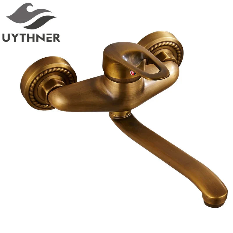 Afralia™ Antique Brass Bathroom Basin Faucet Long Spout Dual Handle Wall Mount