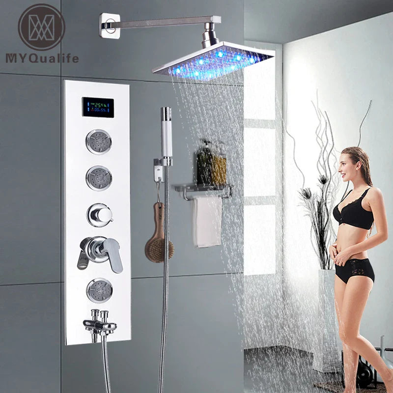 Afralia™ Chrome LED Shower Panel & Head Combo, Wall Mount 4-Function Bathroom Faucet