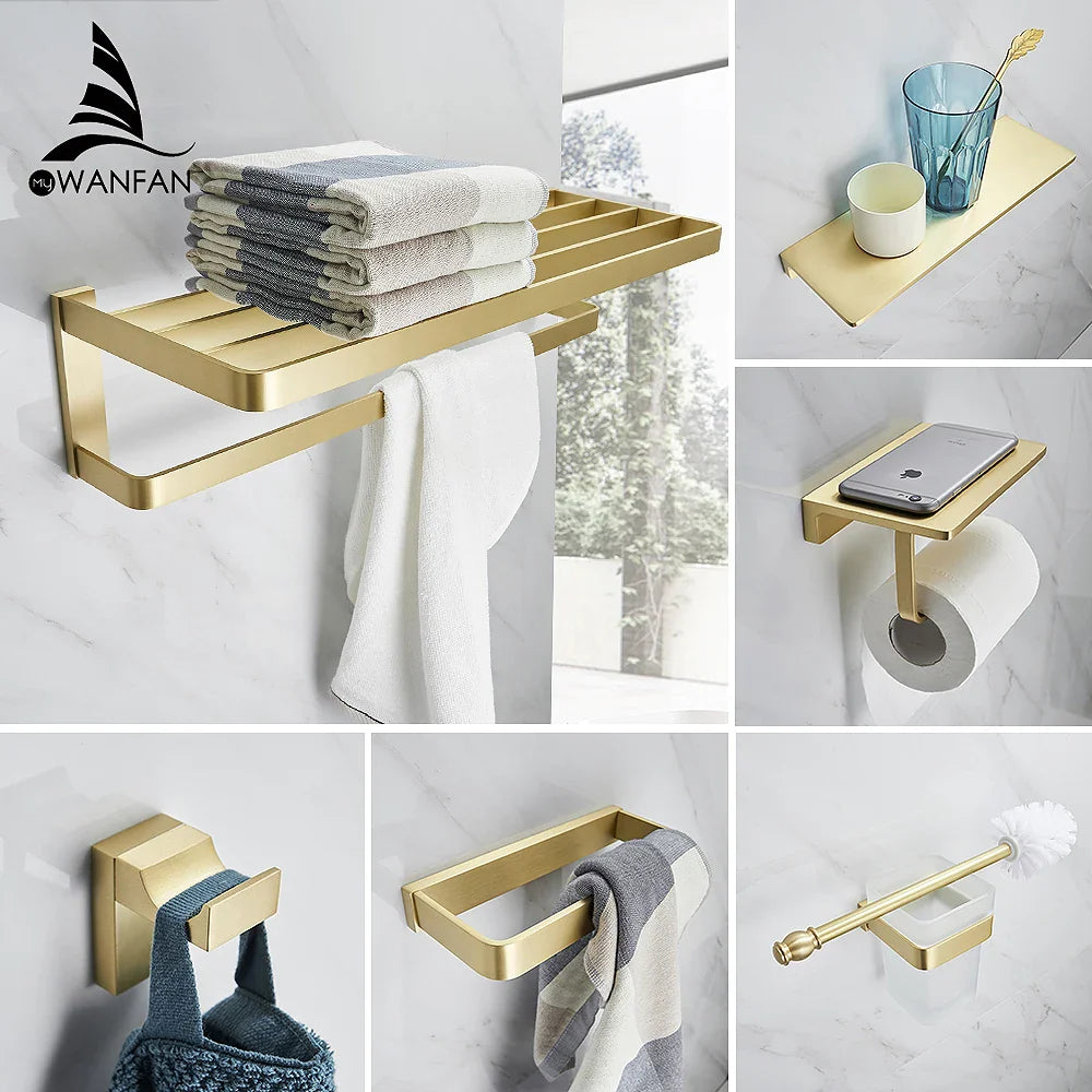 Afralia™ Gold Bath Hardware Set: Towel Ring, Toilet Brush Holder - WF-552200