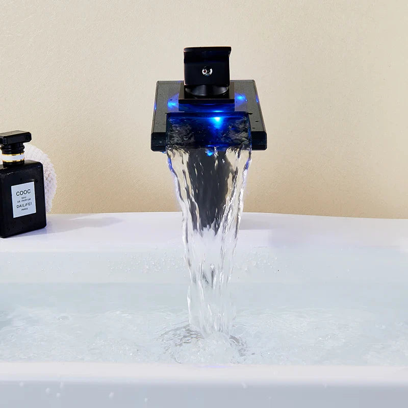 Afralia™ RGB Waterfall Faucet Deck Mount Brass Bathroom Vessel Sink Mixer Tap