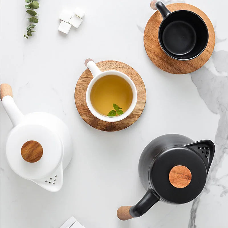 Afralia™ Japanese Style Ceramic Tea Pot Set with Wooden Handle | Heat-Resistant Borosilicate Glass