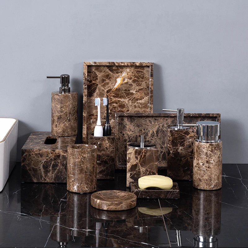 Afralia™ Emperador Dark Marble Bathroom Set: Toothbrush Holder, Soap Dish, Soap Dispenser