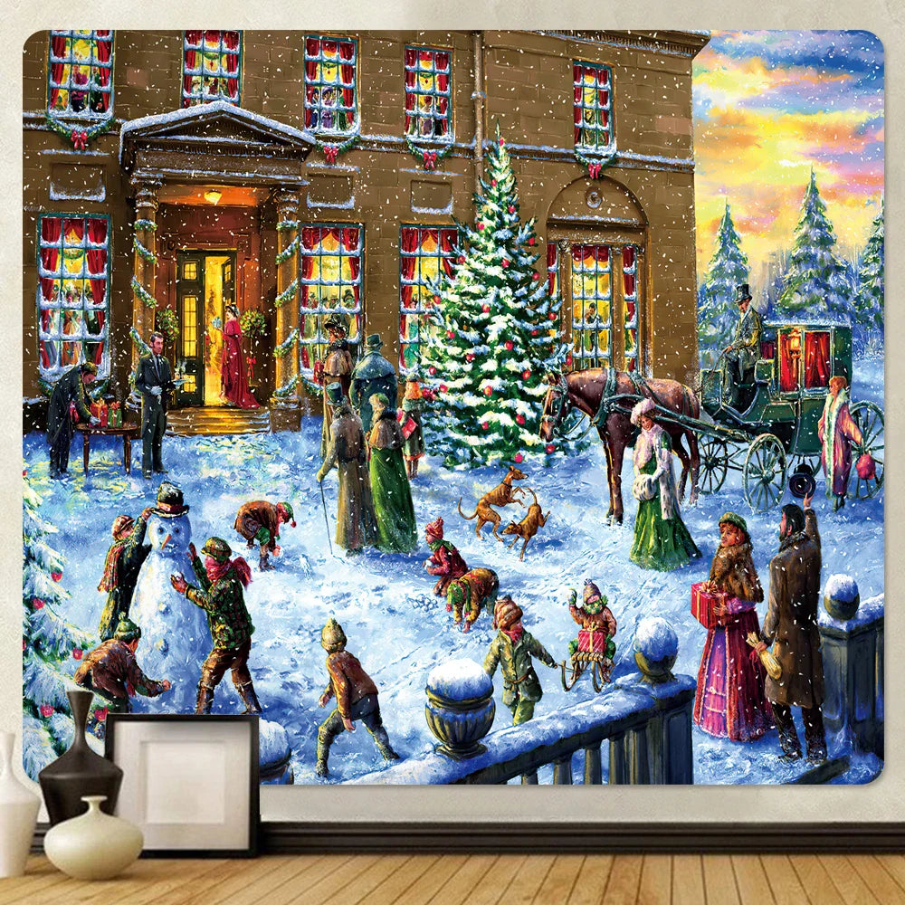 Afralia™ Christmas Snow Forest Oil Painting Tapestry - Home Bohemian Wall Decoration