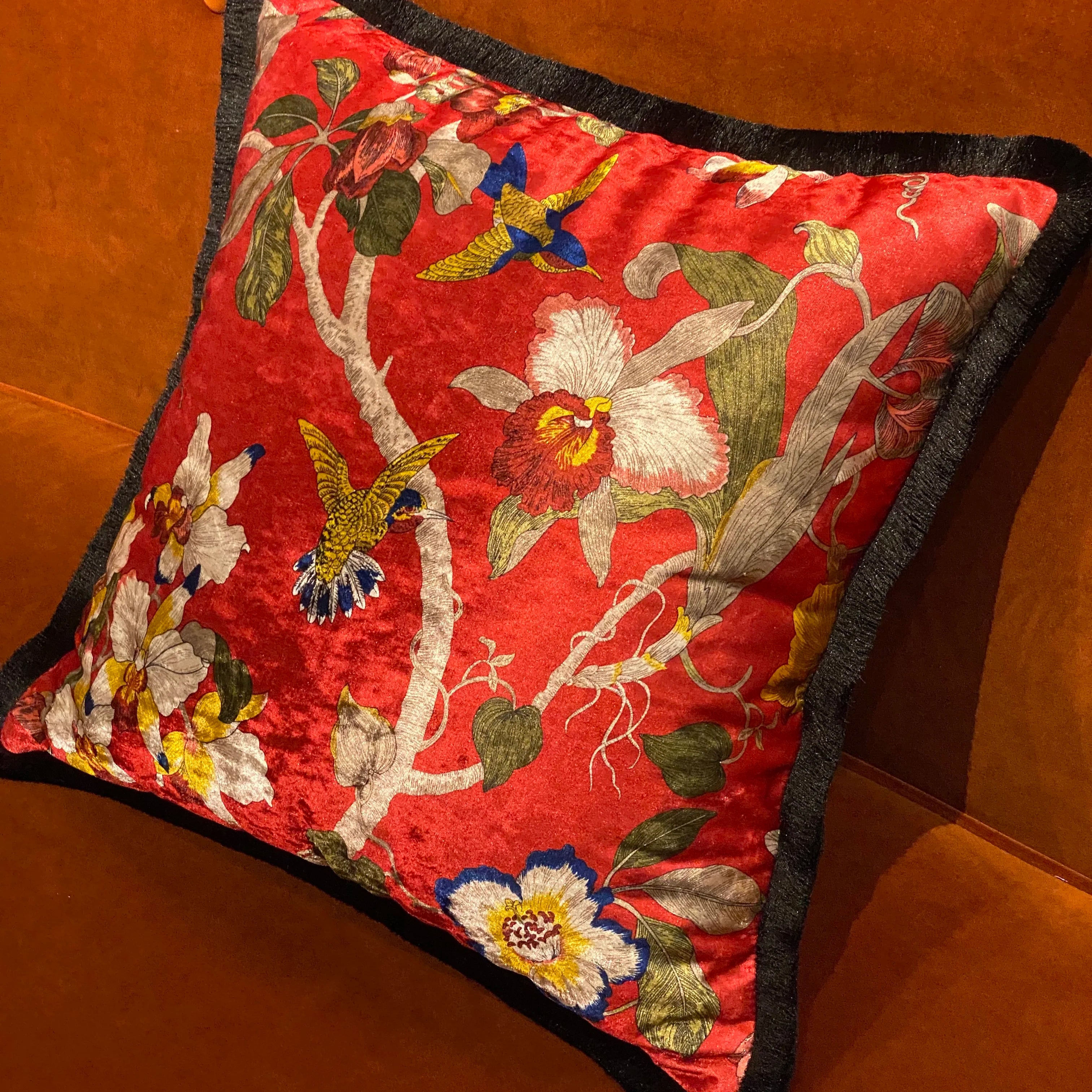 Afralia™ Shiny Velvet Floral Bird Print Vintage Cushion Cover