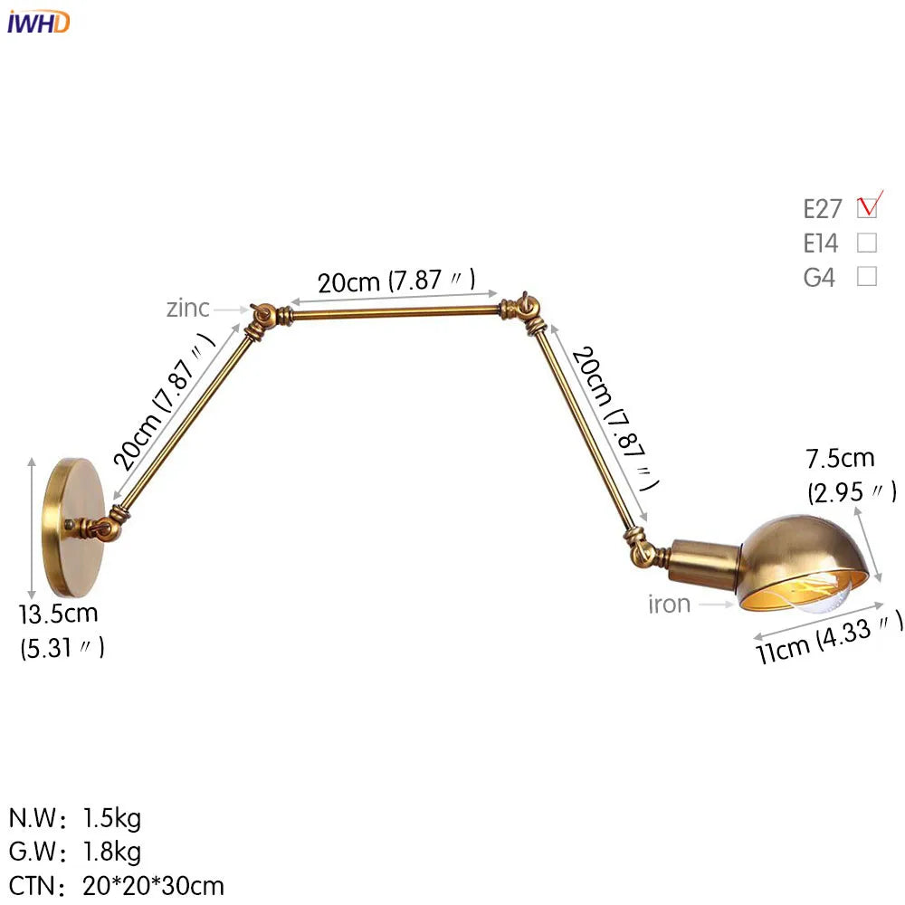 Afralia™ Vintage Gold Swing Long Arm Wall Lamp for Bedroom Stair Mirror Light Decor