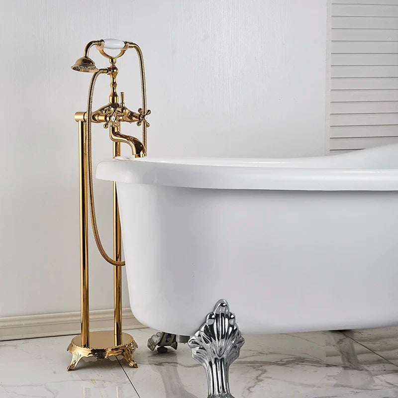 Afralia™ Dual Handle Clawfoot Bathtub Shower Faucet, Golden Polished Free Standing Mixer