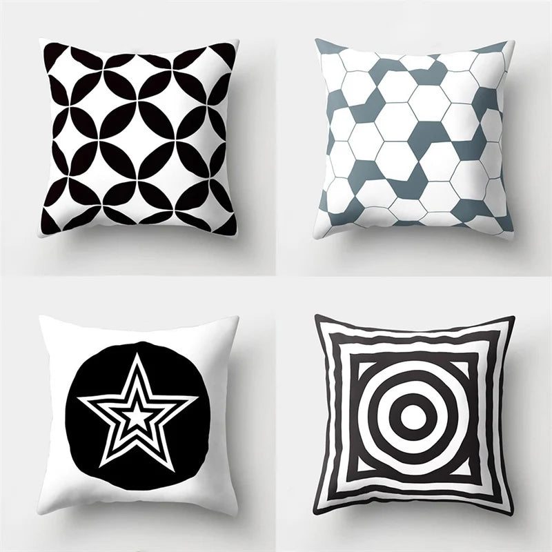 Afralia™ Geometric Star Print Pillow Cover for Home Decor - Black & White Square Texture