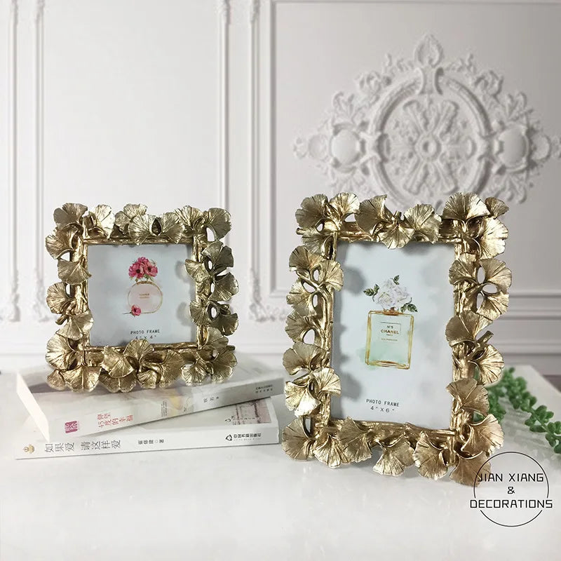 Afralia™ Golden Ginkgo Leaf Resin Photo Frame Vintage Retro Wedding Home Decor