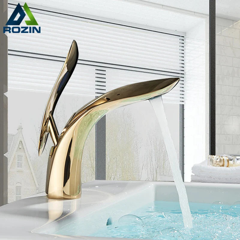 Afralia™ Golden Rose Bathroom Faucet Waterfall Basin Mixer Taps - Luxury Single Hole