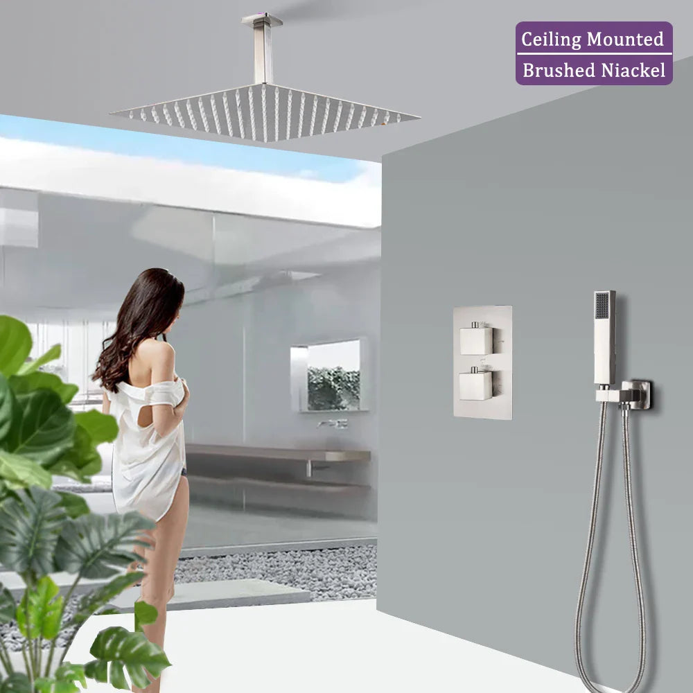 Afralia™ Square Rainfall Shower Faucet Set, Dual Handle, Ceiling Mounted, Gold Finish