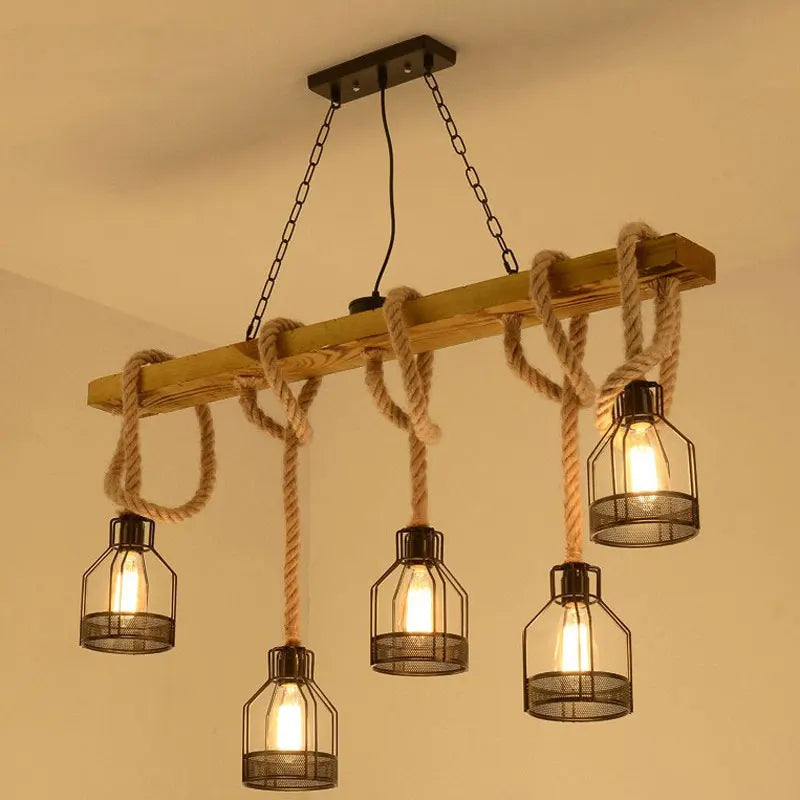 Afralia™ Vintage Hemp Rope Wood Chandelier Pendant Lamp for Dining, Living Room & Cafe