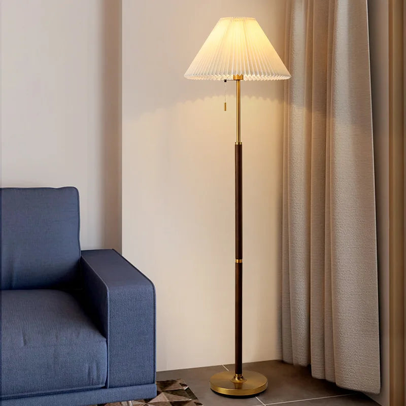 Afralia™ Pleated Wood Floor Lamp with White Fabric Shade
