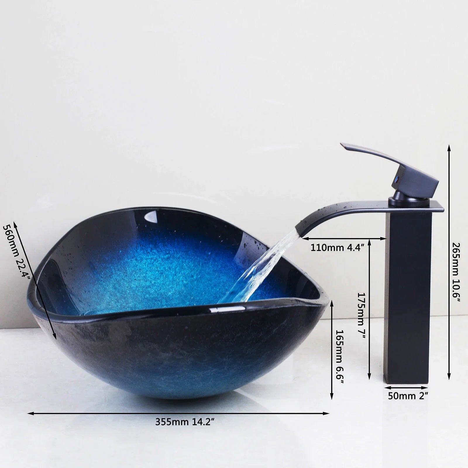 Afralia™ Waterfall Spout Basin Black Tap Set with Hand Painted Tempered Glass & Blue Mixer