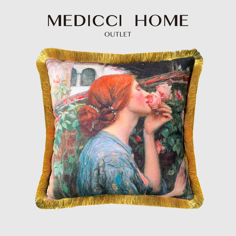 Afralia™ Retro Art Painting Flower Women Print Sofa Pillow Case with Tassel - 45X45cm 50X50cm