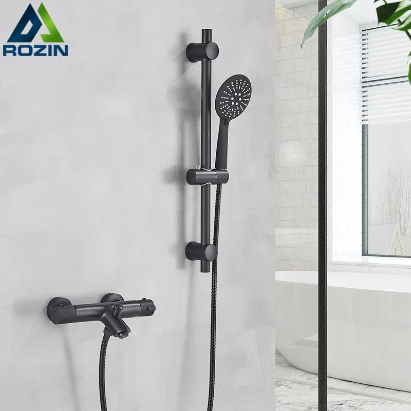 Afralia™ Matte Black Thermostatic Shower Faucet with Handheld Shower - Wall Mounted